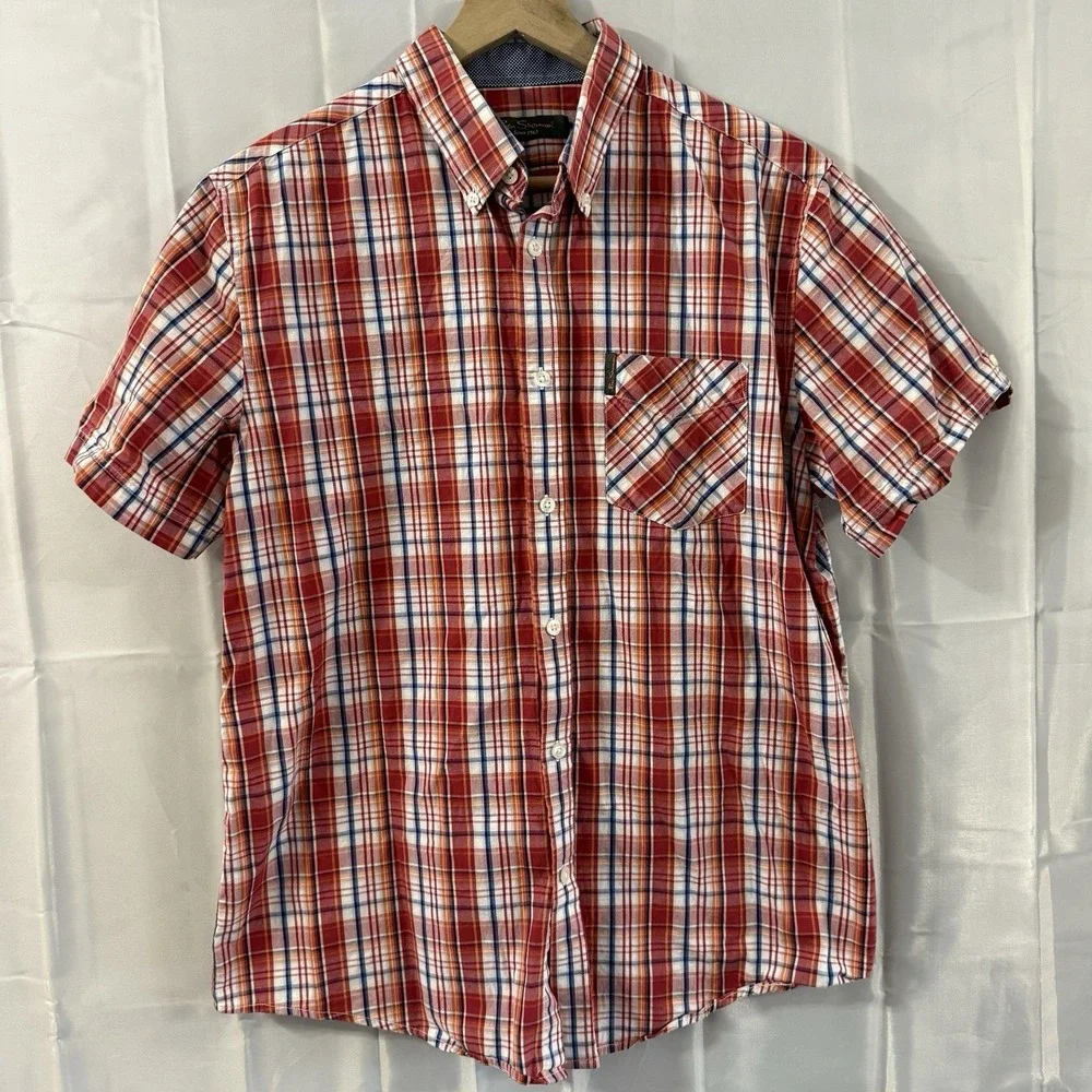 Ben Sherman Mens M Red Orange Blue Plaid Short‎ Sleeve Button-Up Shirt - Picture 2 of 8